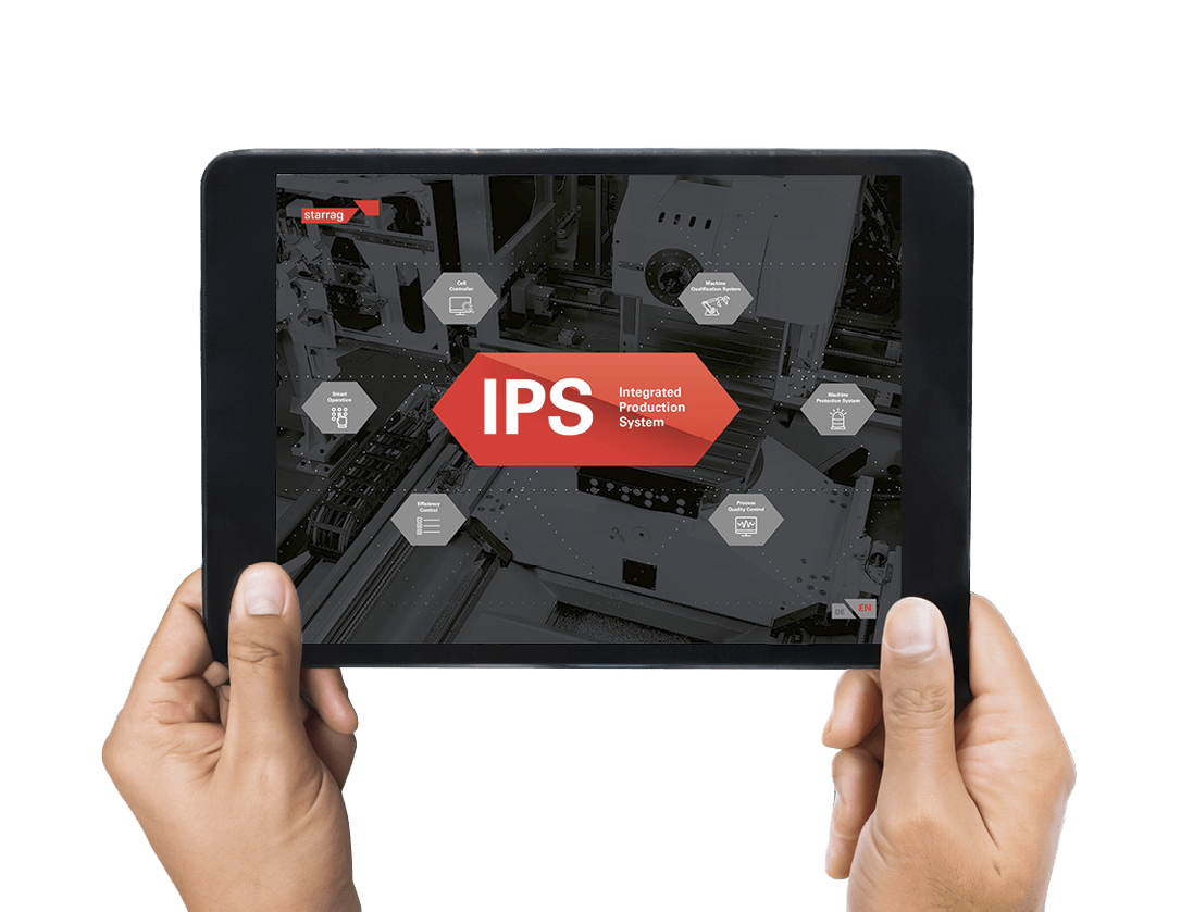 Horizontal color image of female hands holding a digital tablet in a modern plastic production line. Ordering on-line from injection moulding factory on a touchscreen tablet computer. Large factory, industrial machines, futuristic robots, crane and manufacturing equipment arranged on clean and shiny flooring in background.