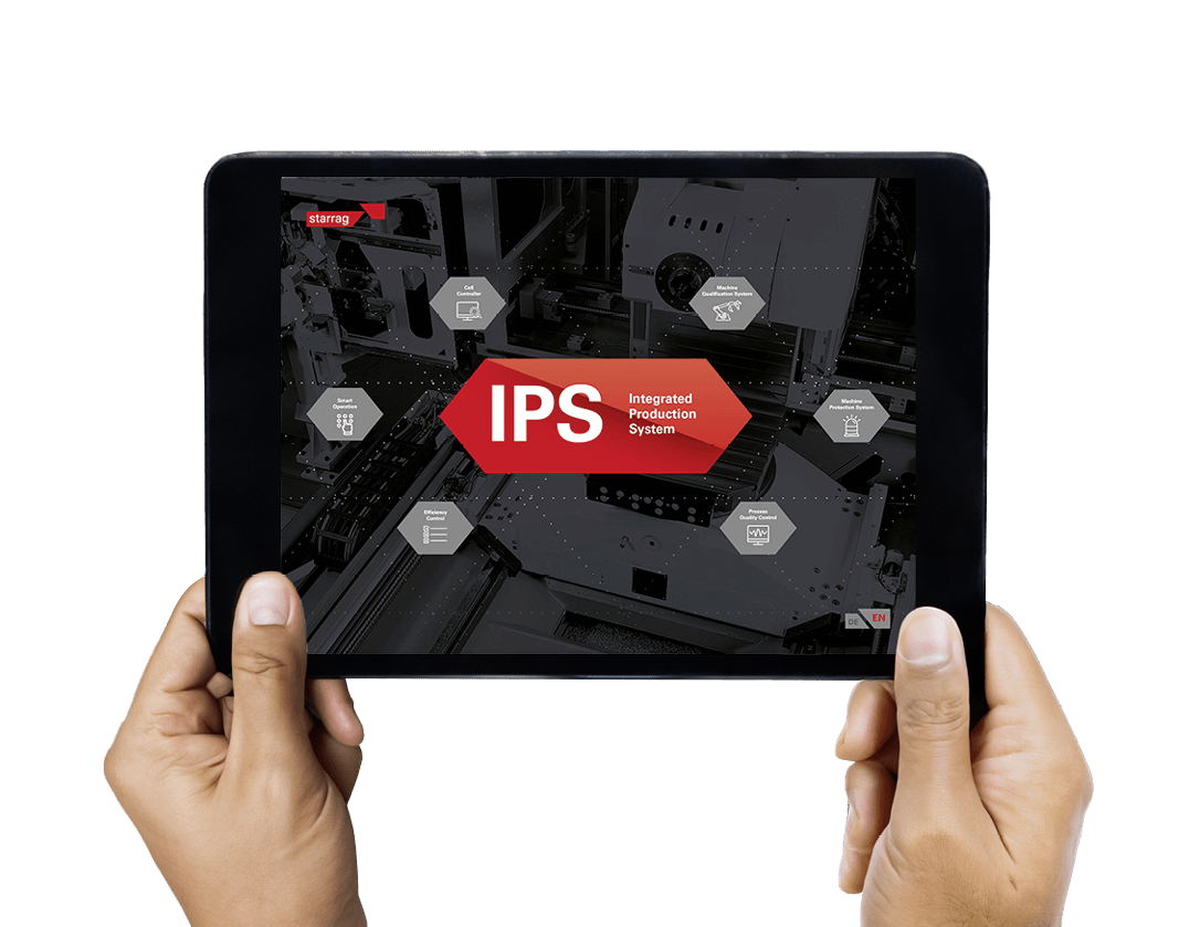 Horizontal color image of female hands holding a digital tablet in a modern plastic production line. Ordering on-line from injection moulding factory on a touchscreen tablet computer. Large factory, industrial machines, futuristic robots, crane and manufacturing equipment arranged on clean and shiny flooring in background.